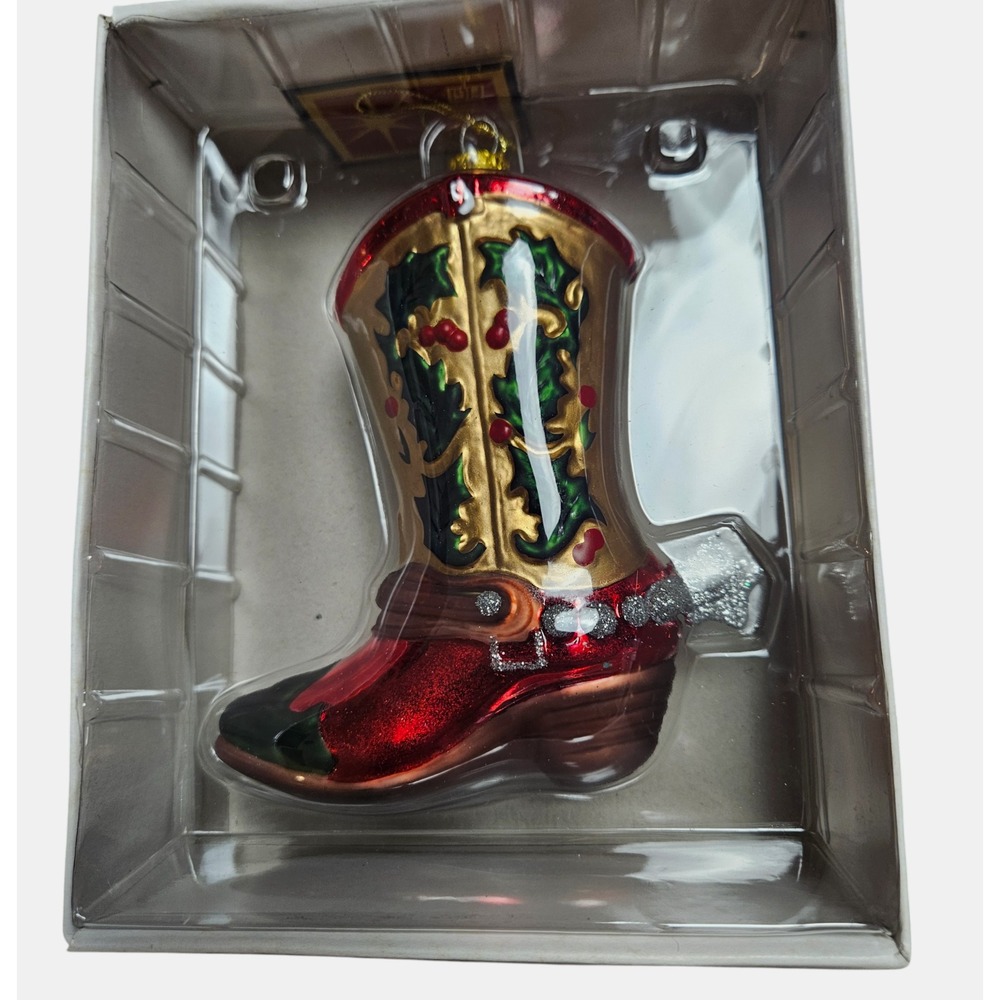Vintage Figi Christmas‎ Tree Cowboy Boot Ornament Holly Berry Hand Blown Glass